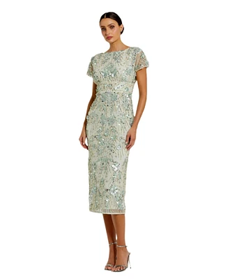 Mac Duggal Women's Embellished Mesh Fitted Short Sleeve Midi Dress