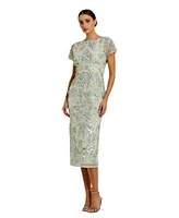 Mac Duggal Women's Embellished Mesh Fitted Short Sleeve Midi Dress