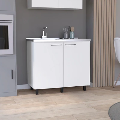 Salento 2 Freestanding Utility Base Cabinet with Stainless Steel Countertop and 2-Door, Smokey Oak
