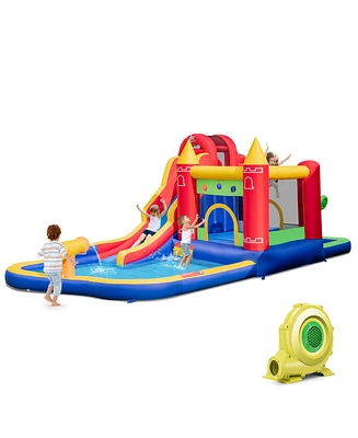 9-in-1 Inflatable Bounce Castle with Water Slide and Splash Pool with 735W Blower