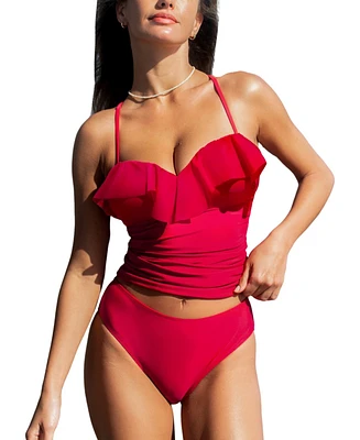 Cupshe Women's Ruffle Adjustable Self Tie Ruched Tankini Sets