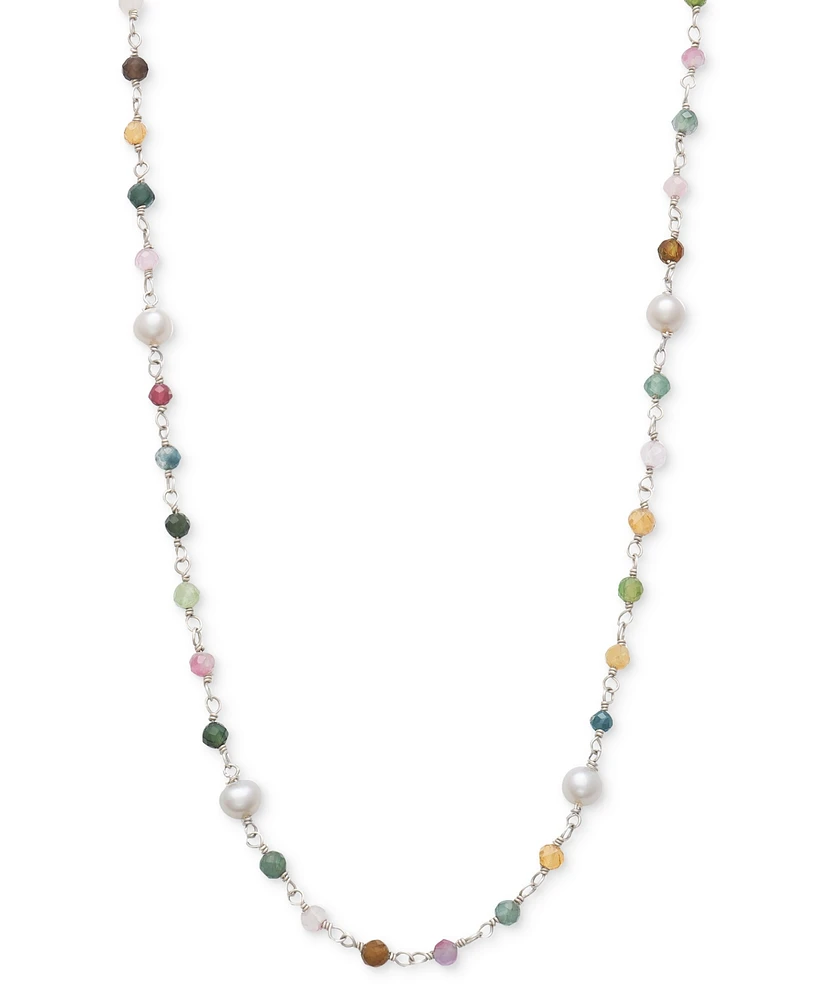 Cultured Freshwater Pearl (4-5mm) & Multicolor Tourmaline 18" Collar Necklace in Sterling Silver