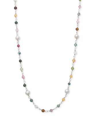 Cultured Freshwater Pearl (4-5mm) & Multicolor Tourmaline 18" Collar Necklace in Sterling Silver