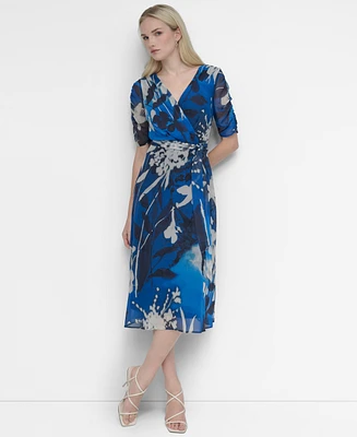 Dkny Women's V-Neck Ruched-Sleeve Belted Midi Dress