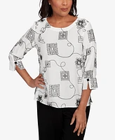 Alfred Dunner Women's Santa Barbara Geometric Floral Soutache Embroidered Top