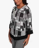 Alfred Dunner Women's Santa Barbara Patchwork Solid Black Trim Crew Neck Top