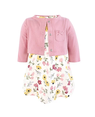 Hudson Baby Girls Cotton Dress and Cardigan Set, Soft Painted Floral