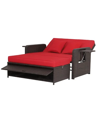 Gymax Rattan Loveseat Set Daybed Lounge w/ Storage Ottoman Side Tables Adjust Patio