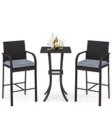 3-Piece Patio Wicker Rattan Bar Height Chairs and Square Table Set