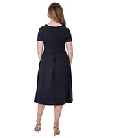 24seven Comfort Apparel Petite Midi Dress with Short Sleeves and Pocket Detail