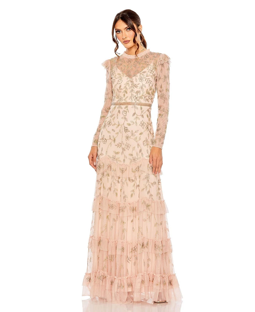 Mac Duggal Women's High Neck Flutter Cap Long Sleeve Tiered Embellish