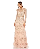 Mac Duggal Women's High Neck Flutter Cap Long Sleeve Tiered Embellish