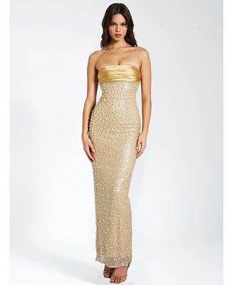 Miss Circle Women's Lainey Gold Satin Sequin Pearls Beaded Maxi Dress