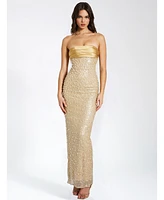 Miss Circle Women's Lainey Gold Satin Sequin Pearls Beaded Maxi Dress