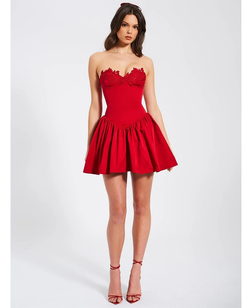 Miss Circle Women's Sacha Red Lace Drop Waist Corset Puffy Mini Dress