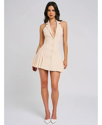 Miss Circle Women's Reyna Beige Backless Pleated Mini Blazer Dress