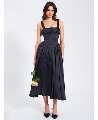 Miss Circle Women's Noreen Black Satin Drop Waist Maxi Sundress