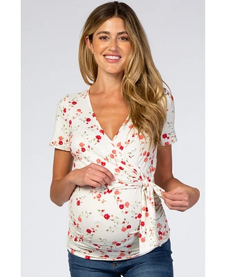 Pinkblush Maternity Ivory Floral Wrap Fitted Maternity/Nursing Top