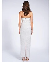 Miss Circle Women's Lainey White Satin Sequin Pearls Beaded Maxi Dress