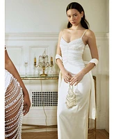 Miss Circle Women's Karmen Pearl Top Pencil Slip Gown with Scarf