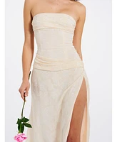 Miss Circle Women's Xatia Off White Jacquard Textured High Slit Maxi Dress