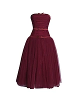 Miss Circle Women's Mabel Burgundy Drop Waist Layered Mesh Midi Puffy Dress with Bow