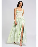 Miss Circle Women's Ulissa Light Green Square Neck Jacquard Textured High Slit Maxi Dress