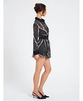 Miss Circle Women's Rachelle Black Embroidered Mesh Mini Shirt Dress