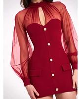 Miss Circle Women's Tabitha Burgundy Mesh Lantern Sleeve Mini Dress