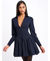 Miss Circle Women's Xabrina Navyblue Pinstripe Long Sleeve Shirt Mini Dress