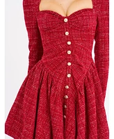 Miss Circle Women's Tae Red Tweed Long Sleeve Drop Waist Mini Dress