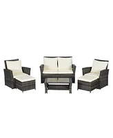6 Piece Wicker Patio Furniture Set with Ottoman and Tempered Glass Coffee Table