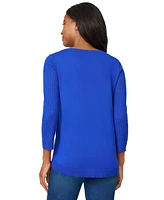 Melissa Paige Petite Pointelle-Yoke 3/4-Sleeve Sweater