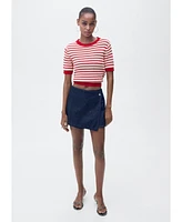 Mango Women's Striped Short Sleeve Crochet Sweater