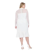 London Times Plus Beaded Illusion Mock-Neck Midi Dress