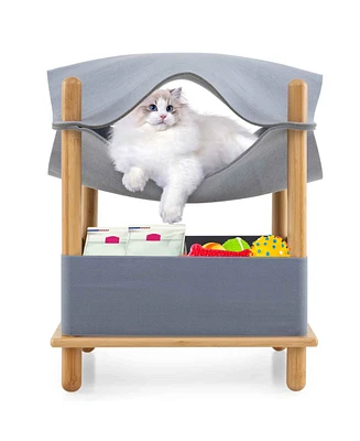 2-Tier Wooden Cat House with Semi-enclosed Condo and Removable Clothes