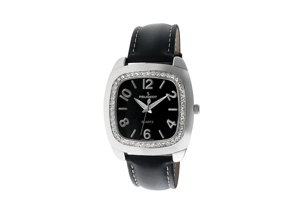 Peugeot Women's Black Boyfriend Watch 40mm Crystal Bezel Leather Strap