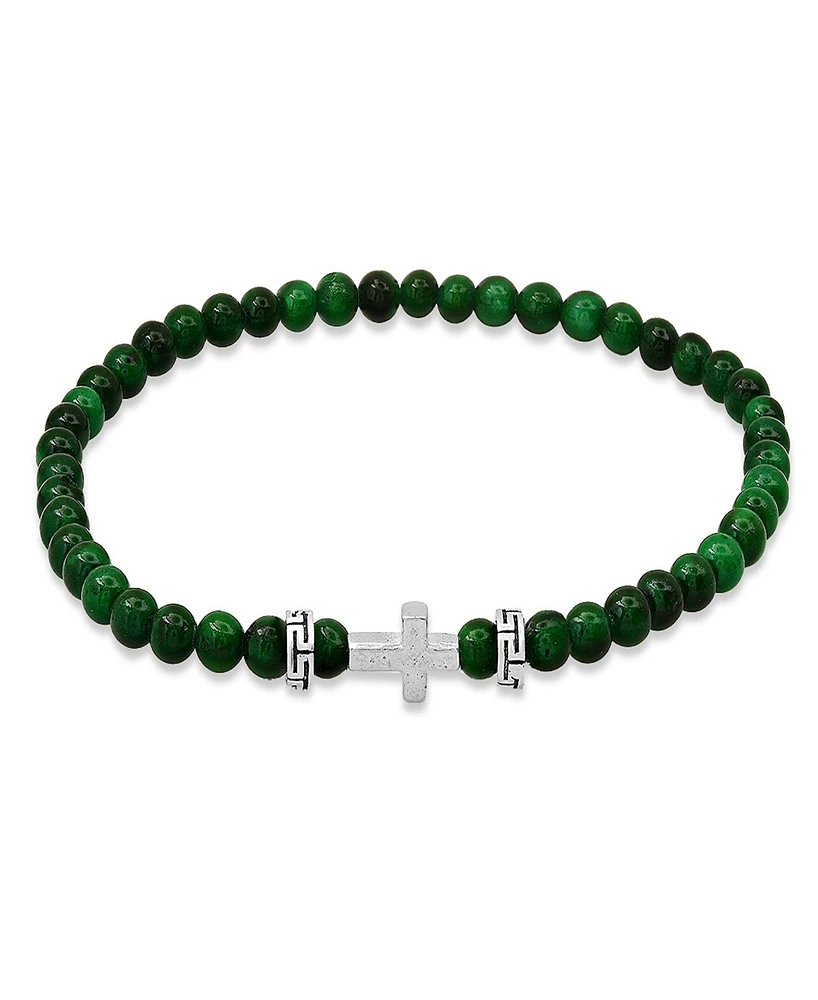Steeltime Men's Sterling Silver Cross and Green Agate Beaded Stretch Bracelet