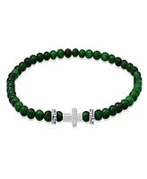 Steeltime Men's Sterling Silver Cross and Green Agate Beaded Stretch Bracelet