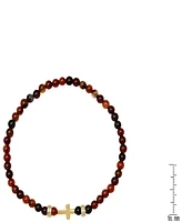 Steeltime Men's 14K Gold Plated Sterling Silver Cross and Red Tiger Eye Beaded Stretch Bracelet