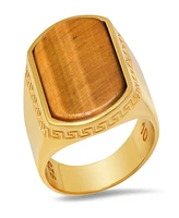 Steeltime Men's 14K Gold Plated and Sterling Silver with Greek Key Accents Tiger Eye Ring