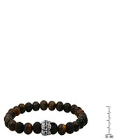 Steeltime Men's Tiger Eye, Black Lava and Sterling Silver Skull Beaded Stretch Bracelet
