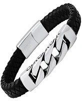 Steeltime Men's Black Braided Leather and Stainless-Steel Bracelet