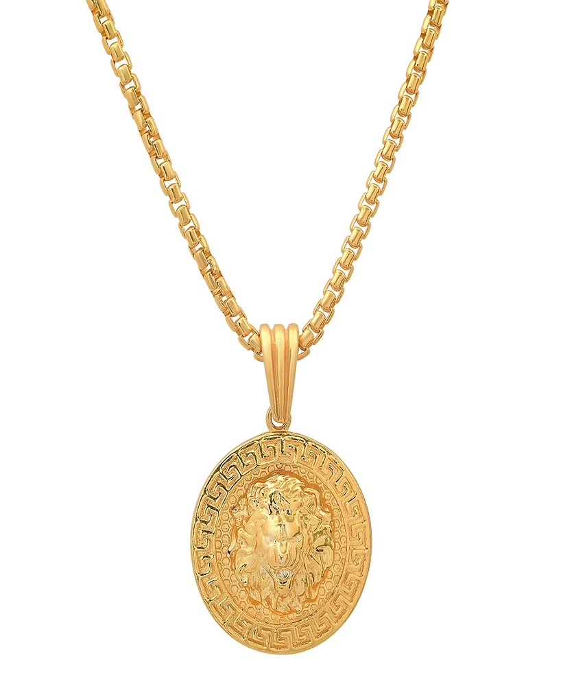 Steeltime Men's Sterling Silver Lion Head Round with Greek Key Accents Pendant Necklace