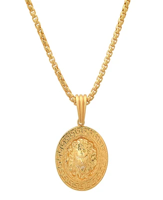Steeltime Men's Sterling Silver Lion Head Round with Greek Key Accents Pendant Necklace
