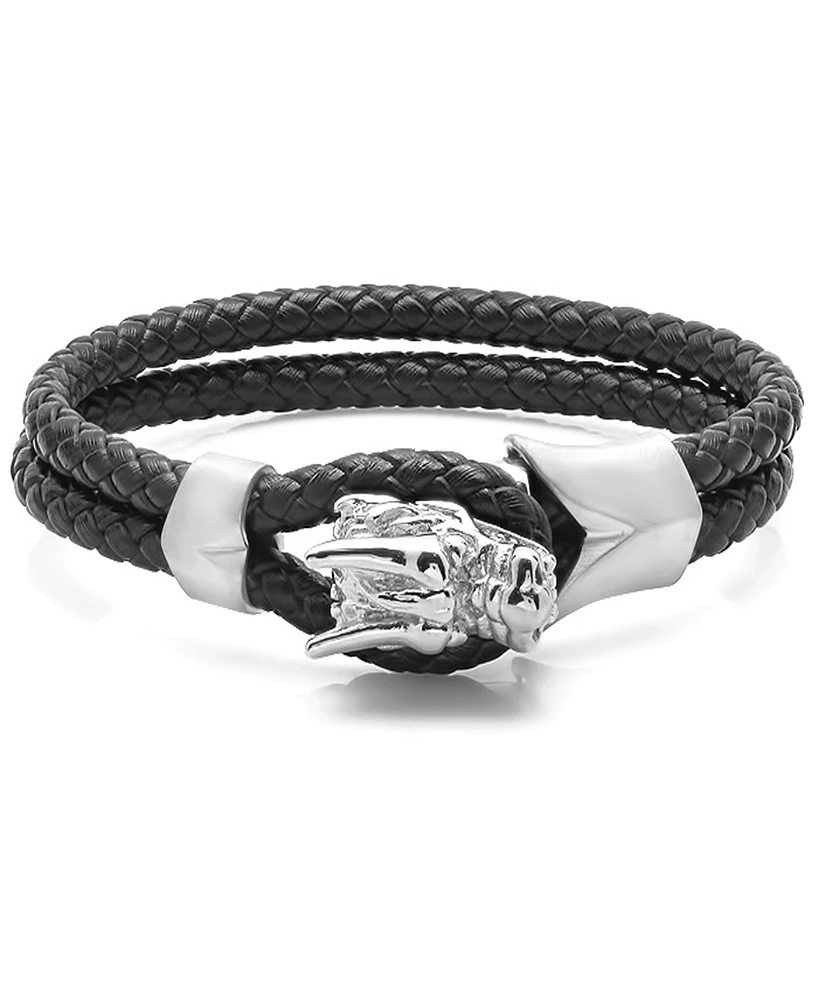 Steeltime Men's Black Braided Leather Bracelet with Stainless Steel Dragon Head Design
