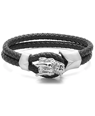 Steeltime Men's Black Braided Leather Bracelet with Stainless Steel Dragon Head Design