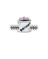 Bling Jewelry Pink Cz Candles Cup Cake Words Happy Birthday Cake Charm Bead Oxidized .925 Sterling Silver Fits European Bracelet