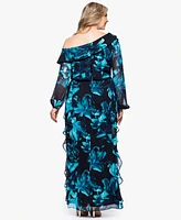Xscape Plus Printed Asymmetrical-Neckline Long Dress