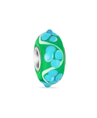 Bling Jewelry Murano Glass .925 Sterling Silver Core 3D Lamp work Floral Blue Green Red and White Hibiscus Flower Spacer Charm Bead Fits European Brac